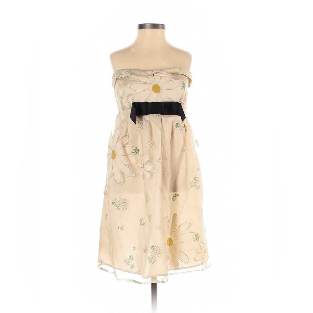RED Valentino Beige Dress Empire Chiffon Floral Strapless Mini Dress